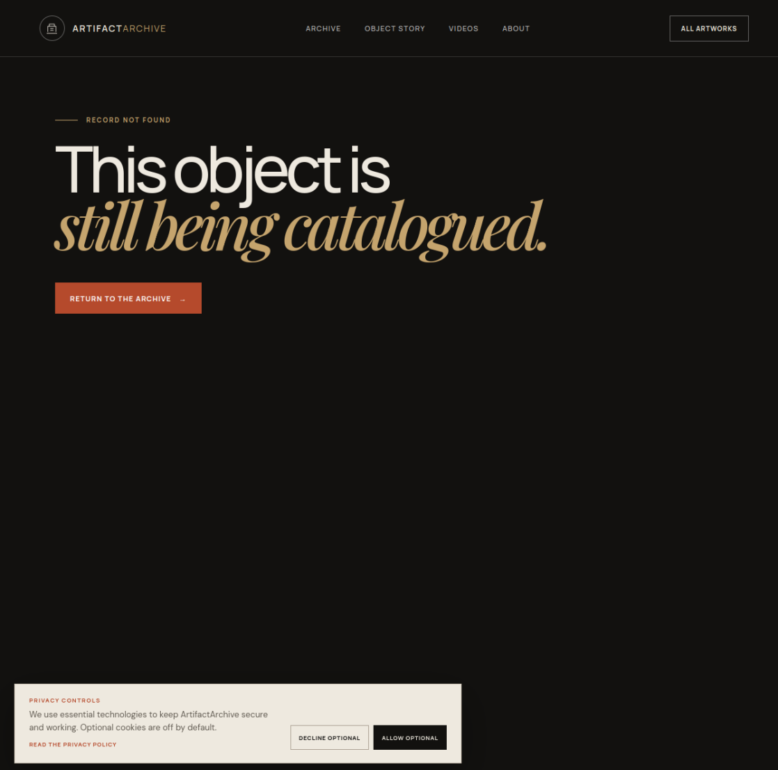 Full Artifact Archive website homepage featuring the History is in the detail hero