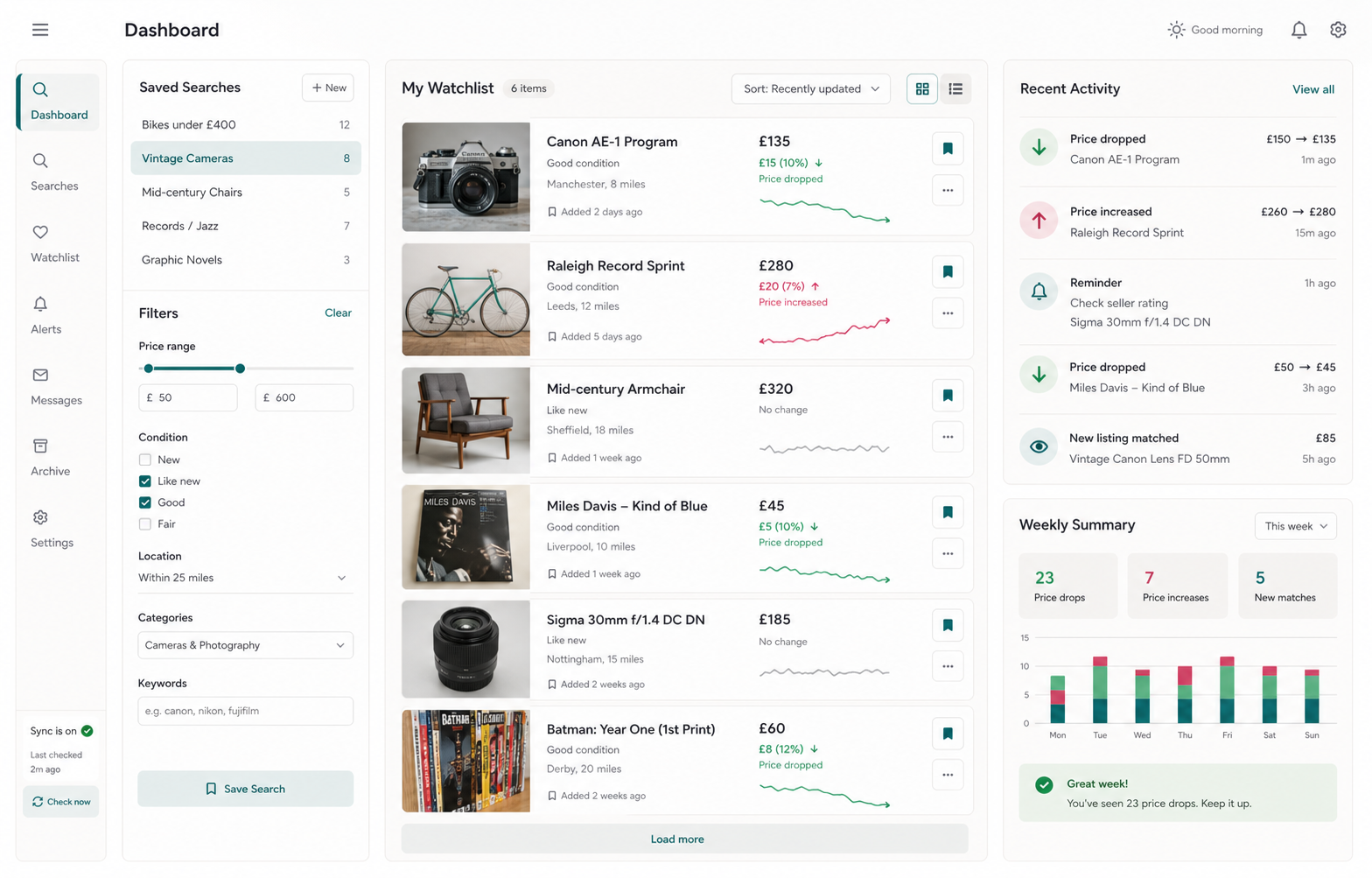 Marketplace watchlist and price tracking dashboard